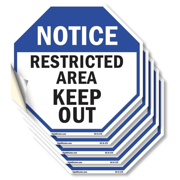 Notice Restricted Area Keep Out (5 Pack) 6 inch X 6 inch Octagon Vinyl Label Decal Sticker Weather Resistant, UV Protected for Workplace, Private Property, and Construction Site, Made