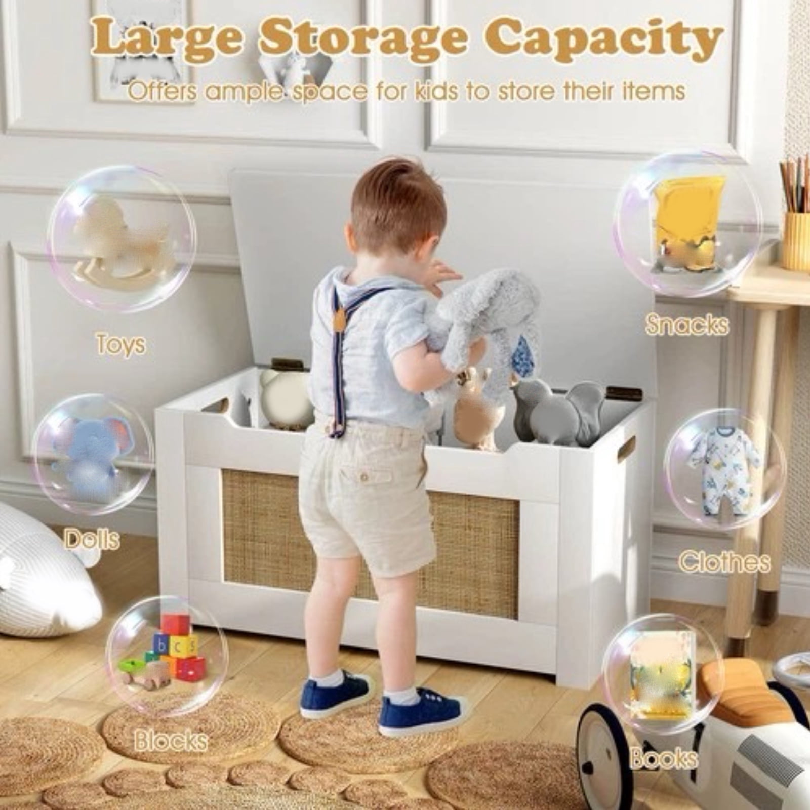 Auranook 31.5" Toy Chest for Kids Rattan Toy Storage Box with Flip Top Lid & Safety Hinge