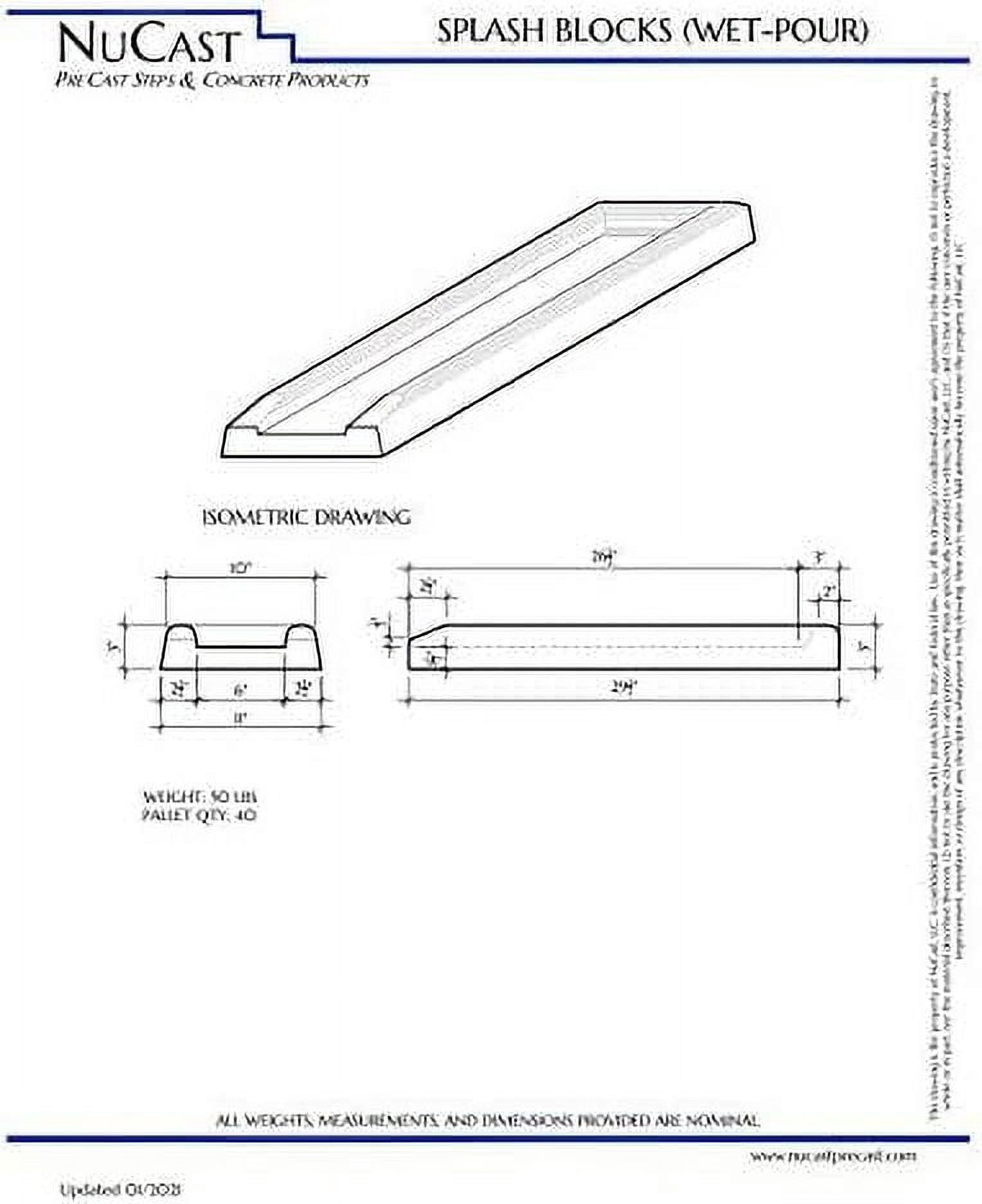 NuCast Precast Concrete Splash Block for Water and Rain Drainage from Home, Gutter, Downspout 3" high x 11" wide x 30" long Solid Concrete