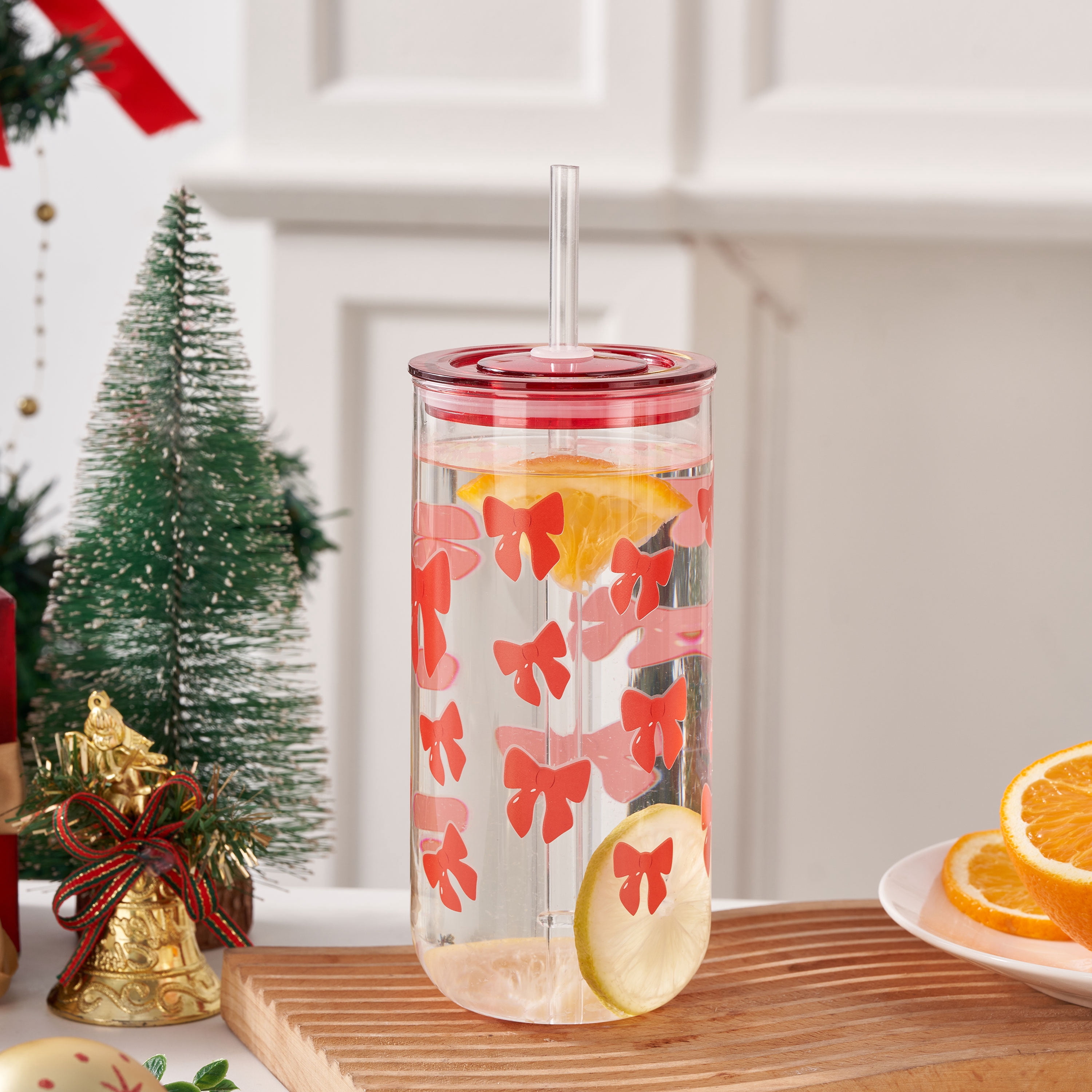 Bows Can Sipper Glass with Lid 20 OZ Holiday Time
