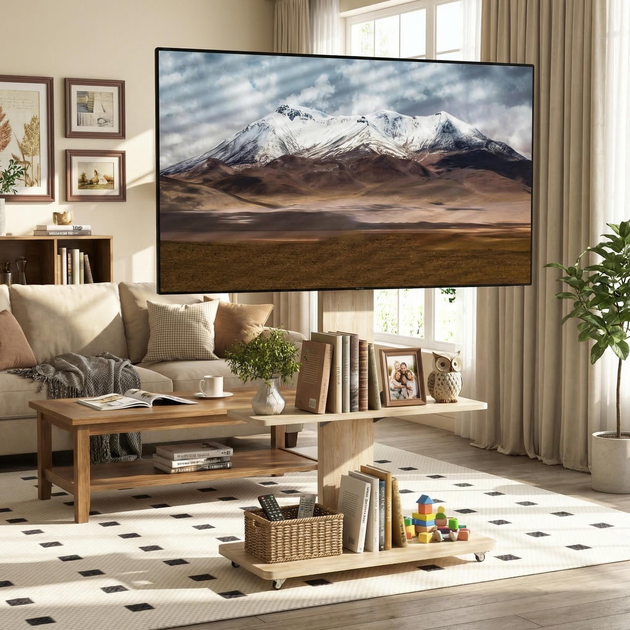 Homy Casa Mobile TV Stand for 32-75 Inch TVs with Wheels Adjustable Height Swivel Mount with Storage Shelf