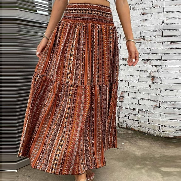 Njagoc3 Womens Boho Geometric Print Midi Skirt for Festival & Casual