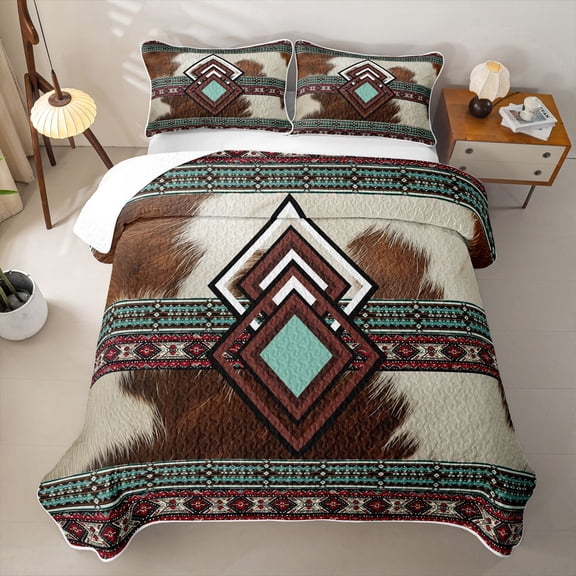 Erosebridal Country Tribal Cowhide Twin Quilt Set,Aztec Western Geometric Twin Coverlet Set For Boys,2 Pieces