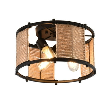 CNCEST Rustic Ceiling Light Chandelier Rattan Flushceiling Lamp Fixture With 3-Light