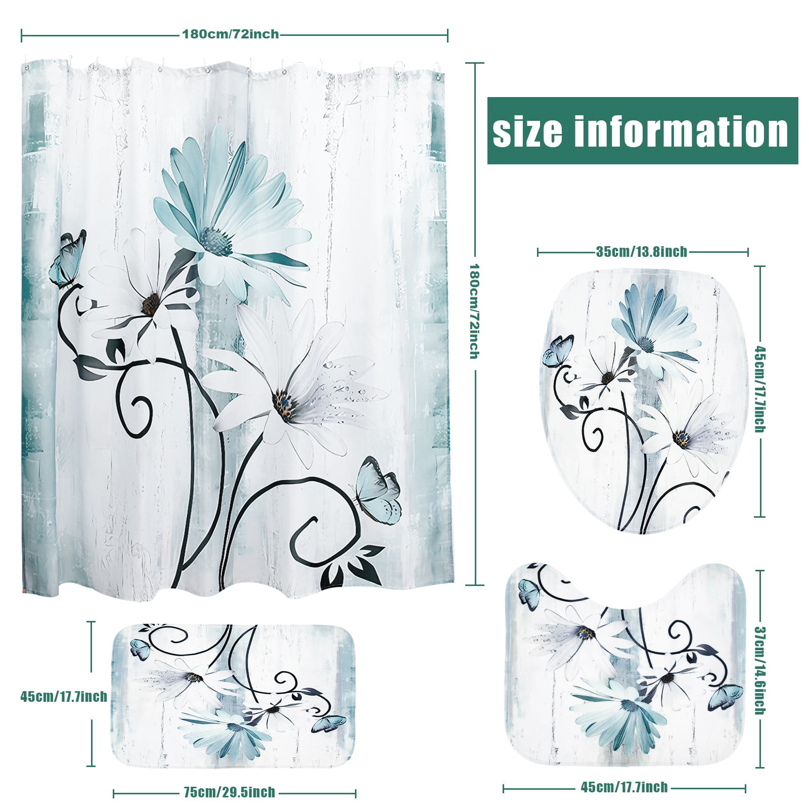 Dznils Rustic Farmhouse Shower Curtain and Rug Set, 16 Pc Teal Daisy Floral Bathroom Set, 72" x 72"