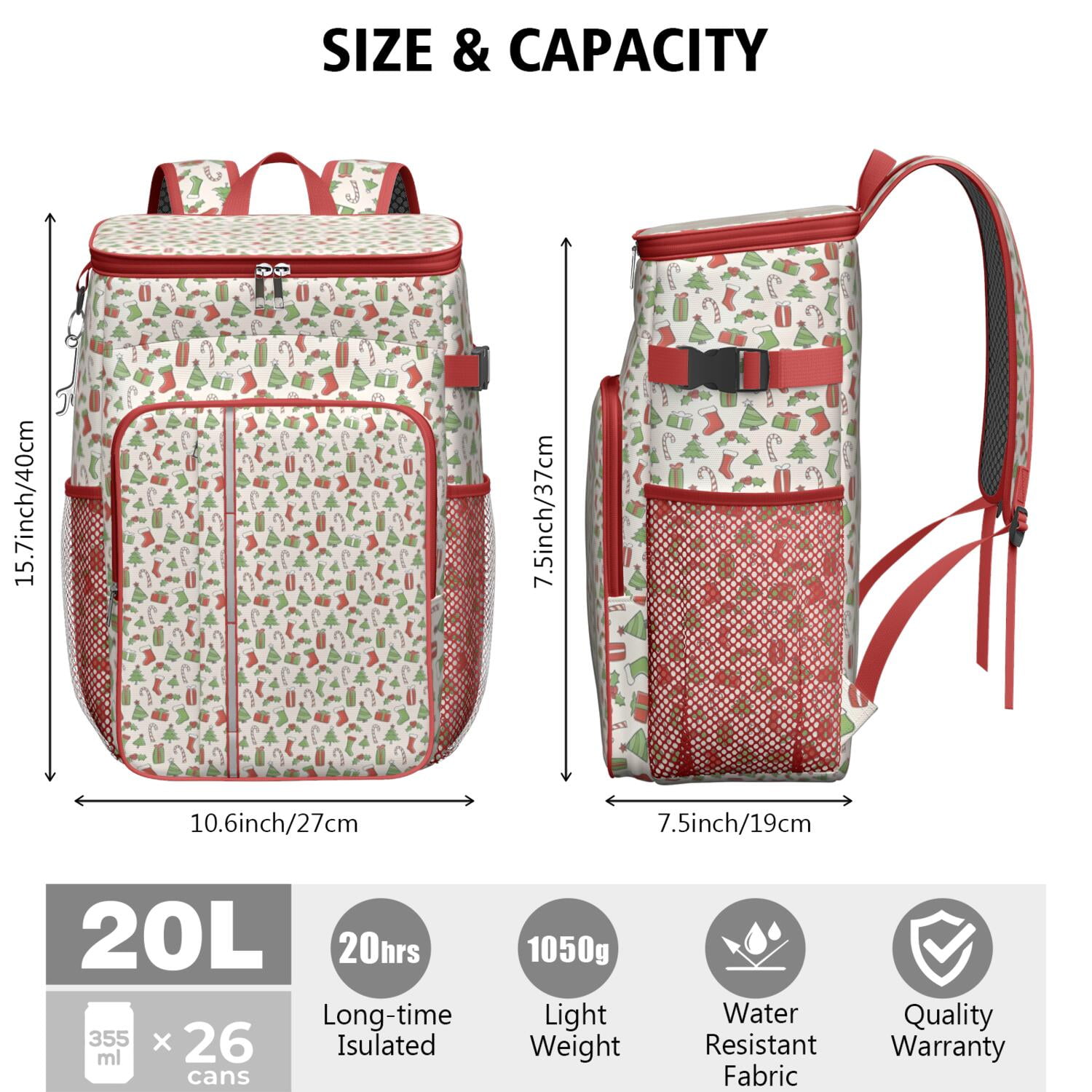 Travel Cooler Bag - Green and Red Christmas Pattern Camping Beer Cooler Backpack with Bottle Opener- Waterproof Insulated Picnic Backpacks - Cooler Bag for Beach