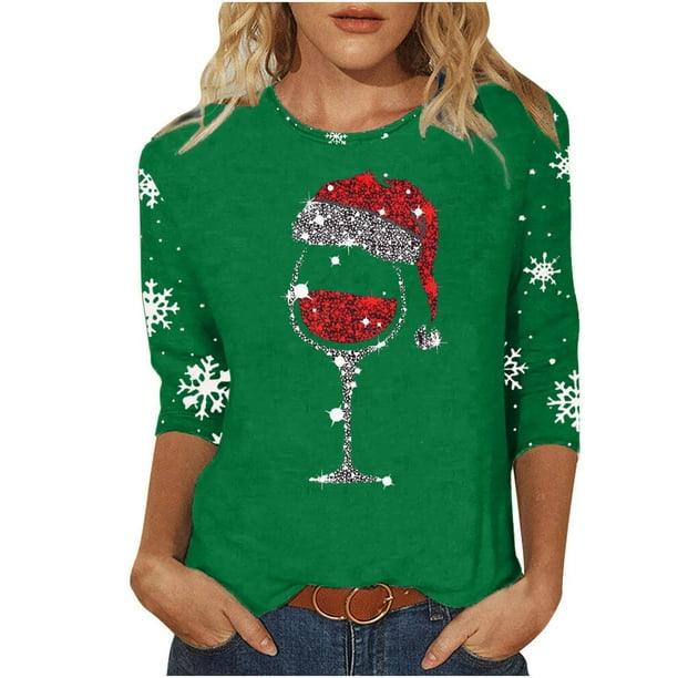 Navidad Mujeres Tops, Manga 3/4 Cuello Redondo Suéter con Impresión de Vacaciones, Camiseta de Manga Larga