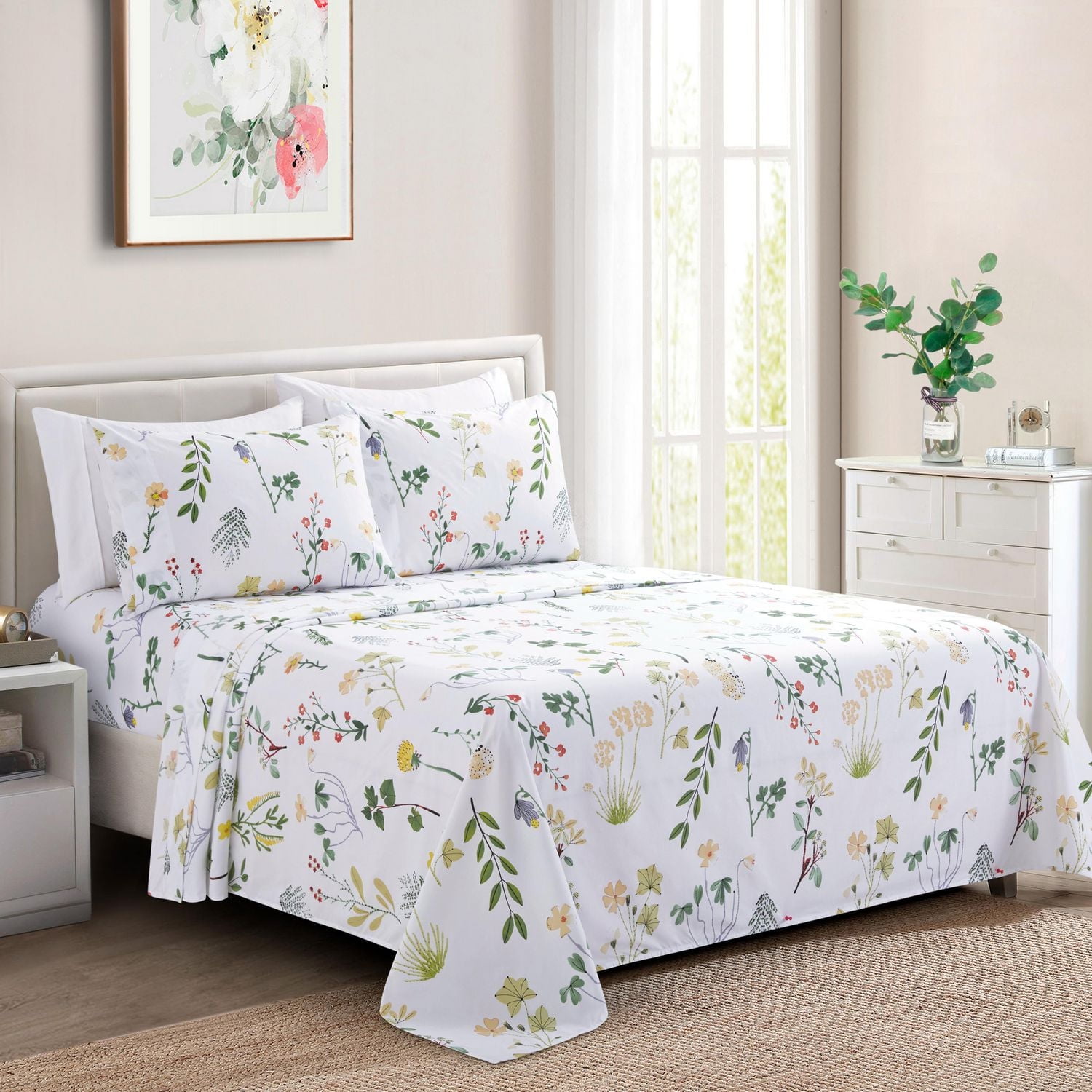 Literie Marina Décoration ultra douce et soyeuse, imprimée, en rayonne de bambou, toutes saisons, avec taies d'oreiller, motif floral coloré et forêt