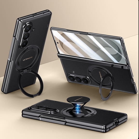 Magnetic Case for Samsung Galaxy Z Fold 8 Ultra, PU Leather Phone Case with Plated Frame, Hinge Protection & Hand Strap & 360° Rotating Ring Kickstand & Front Tempered Glass Screen Protector, Black