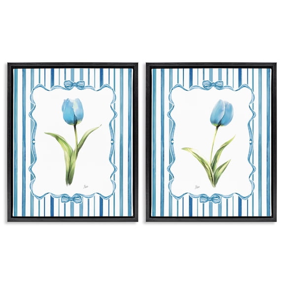 Stupell Industries Blue Tulips with Feminine Ribbon 2 Piece Black Framed Floater Canvas Set, design by Nan
