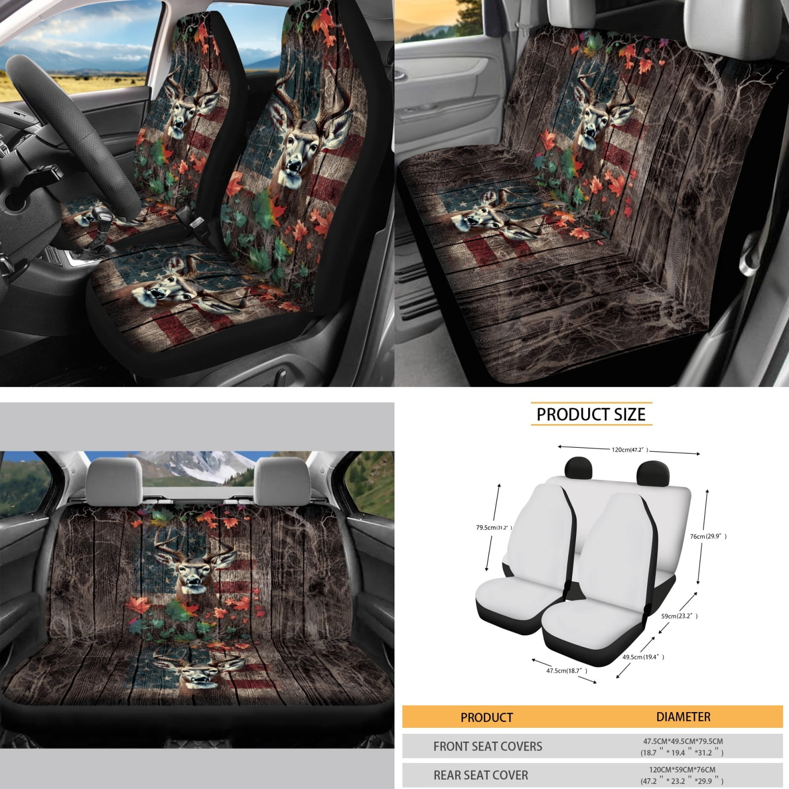 Yuyamidu 16 PCS Car Seat Covers Set Deer Car Sun Shade Camo Hunting Handbrake Cover Gear Shift Knob Cover Steering Wheel Cover Seat Belt Pads Rear View Mirror Cover Coasters Key Chain
