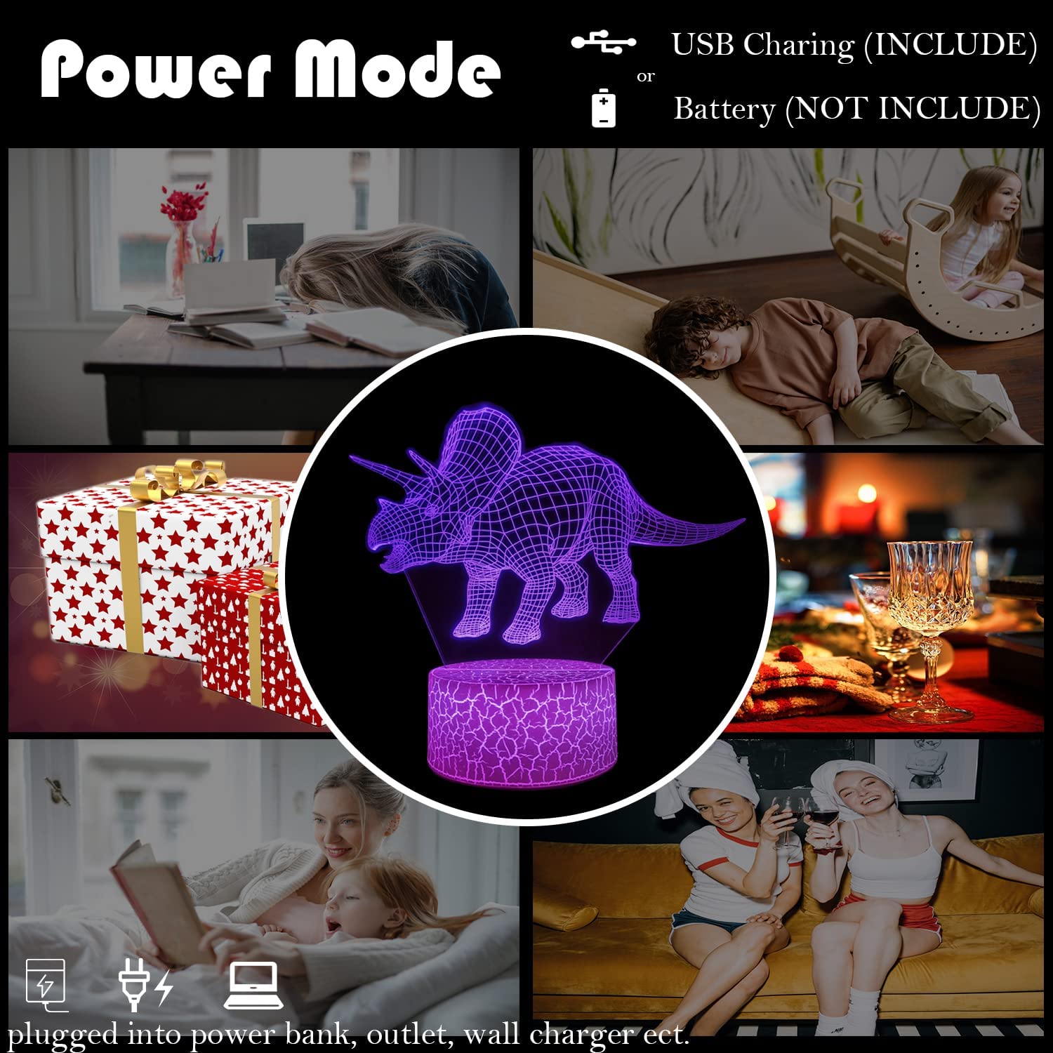 YSITIAN Dinosaur Night Light for Kids, 3 Patterns 16 Colors Dimmable LED 3D Illusion Lamp with Remote H1116-17