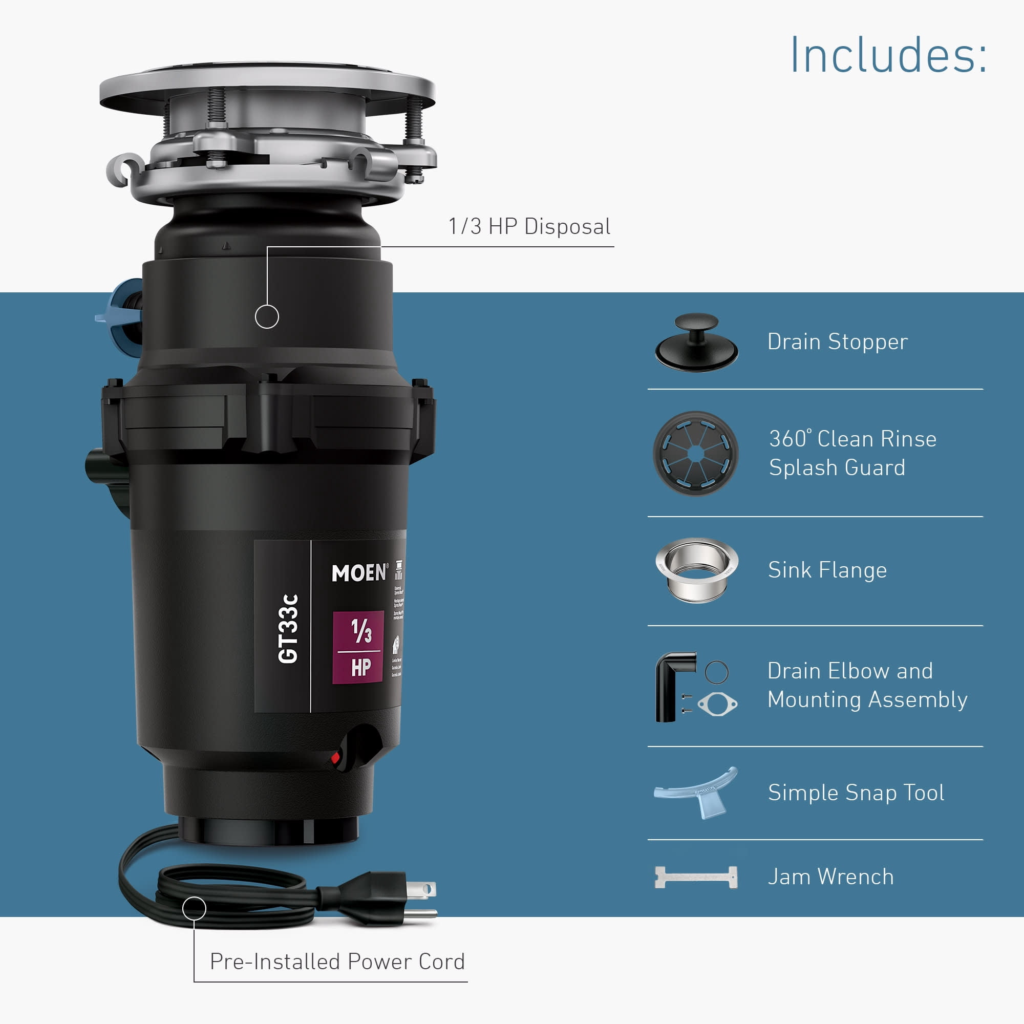 Moen Gt33c Gt Series 1/3 Hp Continuous Garbage Disposal - Black