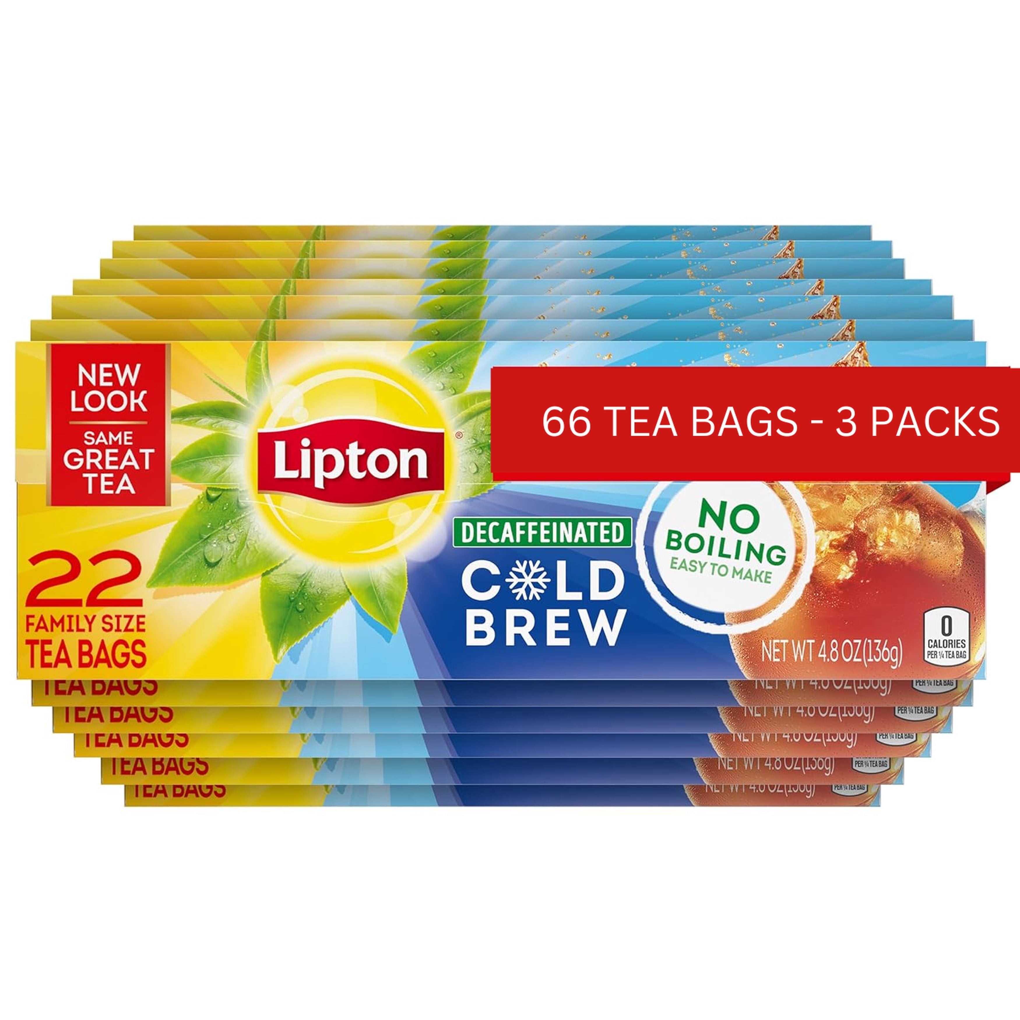 Lipton Cold Brew Unsweetened Decaffeinated Black Iced Tea, 22 Family Size Bags (Pack of 3)