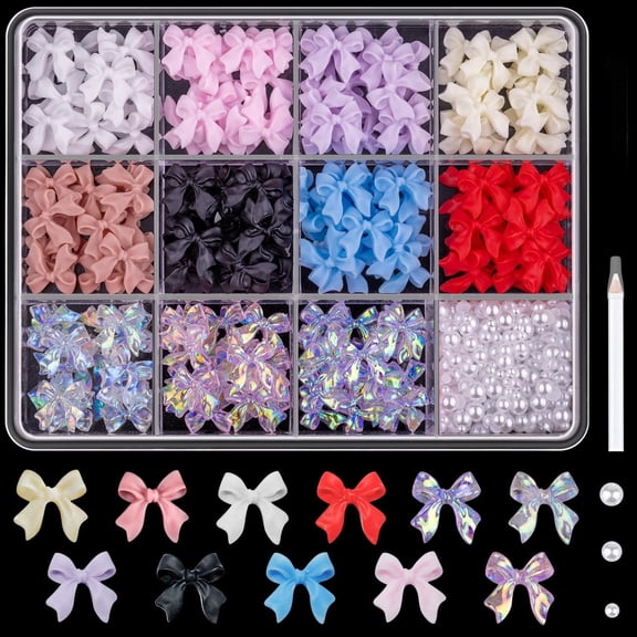 350 Pcs Bow Nail Charms Cute Flatback Pearl Mixed for Nail Art DIY Decoration