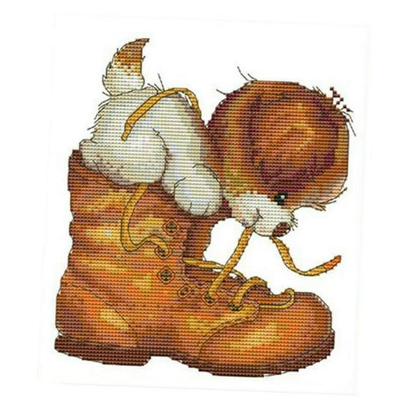 11CT Stamped Cross Stitch Kits Sew Patterns Cross-Stitch Pattern Dog and Boot with Printed Fabric Thread DIY Hand Needlework