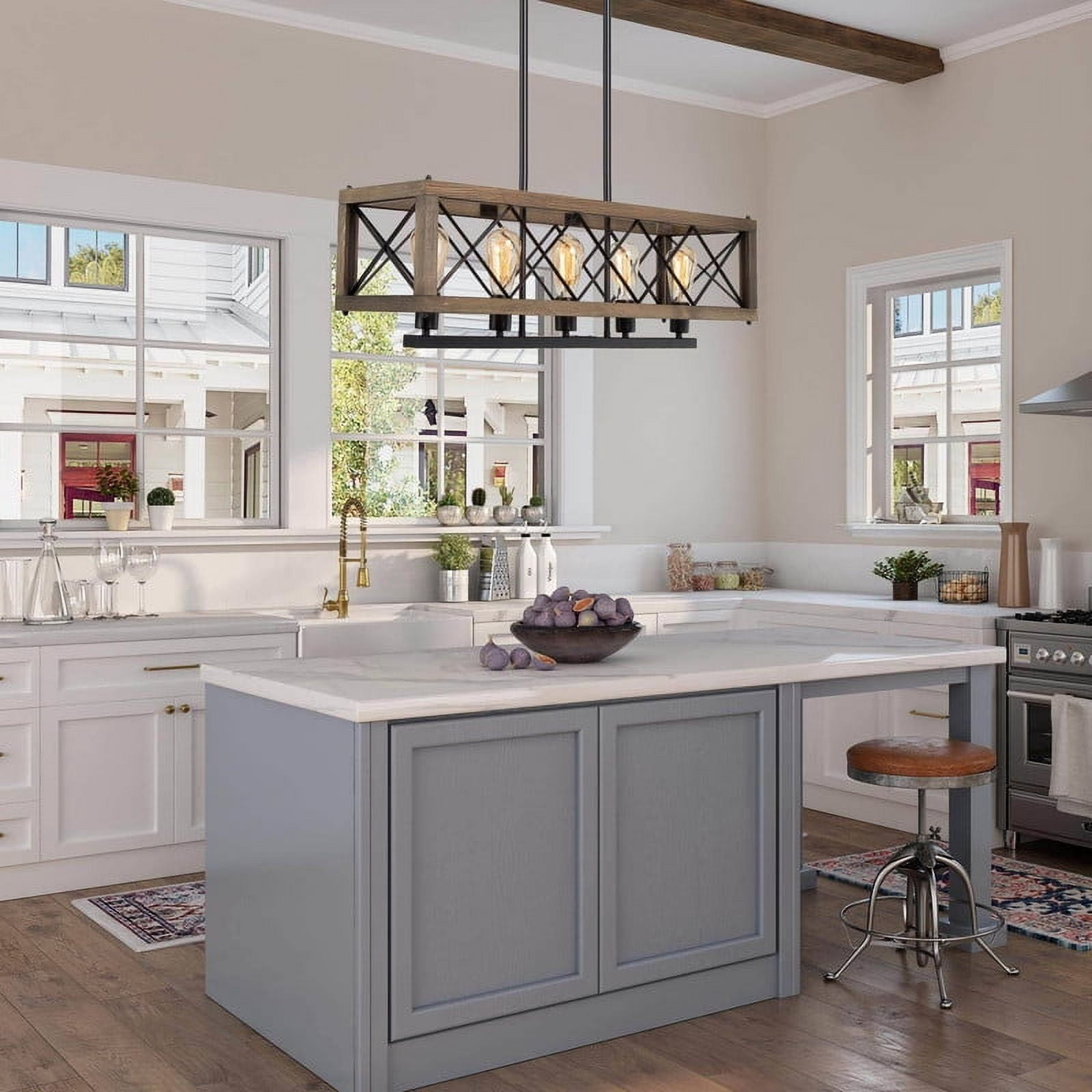 LNC 32-in Rustic Wood & Black Metal 5-Light Linear Chandelier for Kitchen Island & Dining
