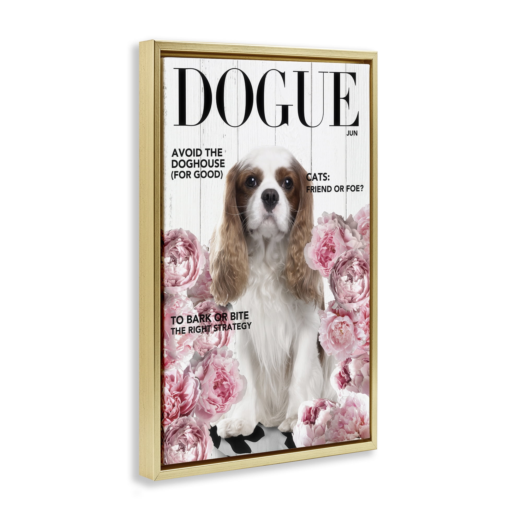 Funny Floral Dog Magazine Gold Framed Floater Canvas Wall Art, design by Sasha