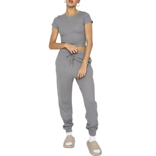 Grianlook Ladies Two Piece Outfit Short Sleeve Tracksuit Suit Cropped ...