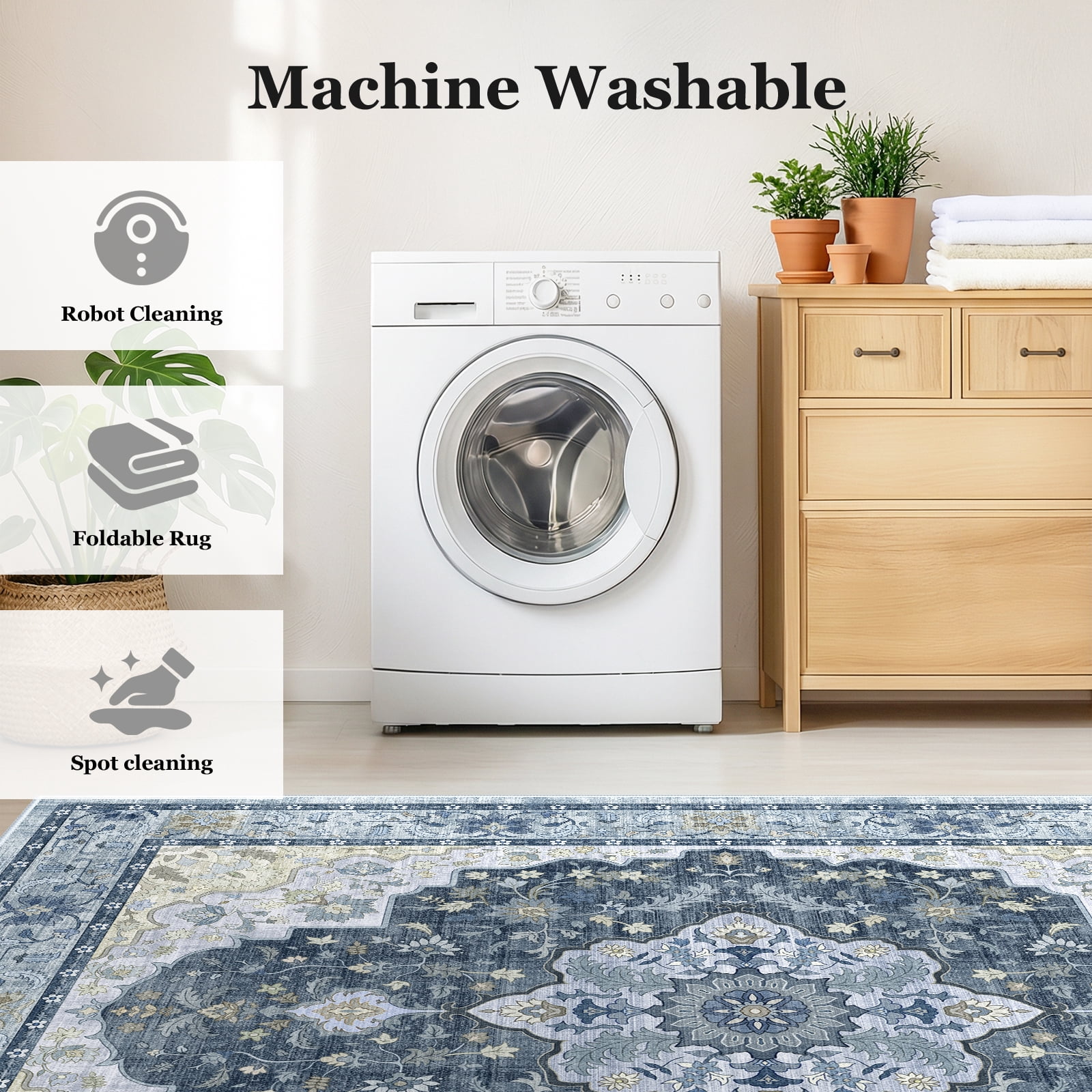 CHITOOMA 8'x10' Area Rugs for Living Room, Boho Machine Washable Floral Area Rug with Non-Slip Backing, Stain Resistant Non-Shed Carpet for Bedroom, Dining Room, Dorm, Office