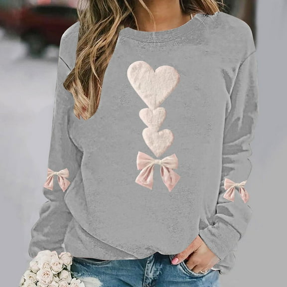 Sweatshirts for Womens Valentine's Love Heart Bow Printed Shirts Long Sleeve Round Neck Blouses Valentine's Day Sweater Pullover Tops Plus Size