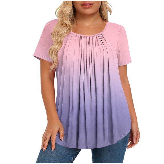 cocolona Womens Pleated Cute Plus Size Tops Crew Neck Short Sleeve Loose Shirts Casual Flowy Tunic Gradient Blouses