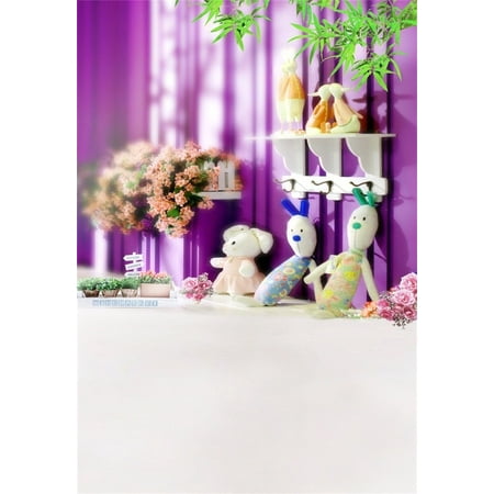 Image of MOHome Backdrop 5x7ft Photography Background Life Collection Children Indoor Purple Wall Floor Cute Rabbit Dolls Flowers Scene Background Photo Studio Props