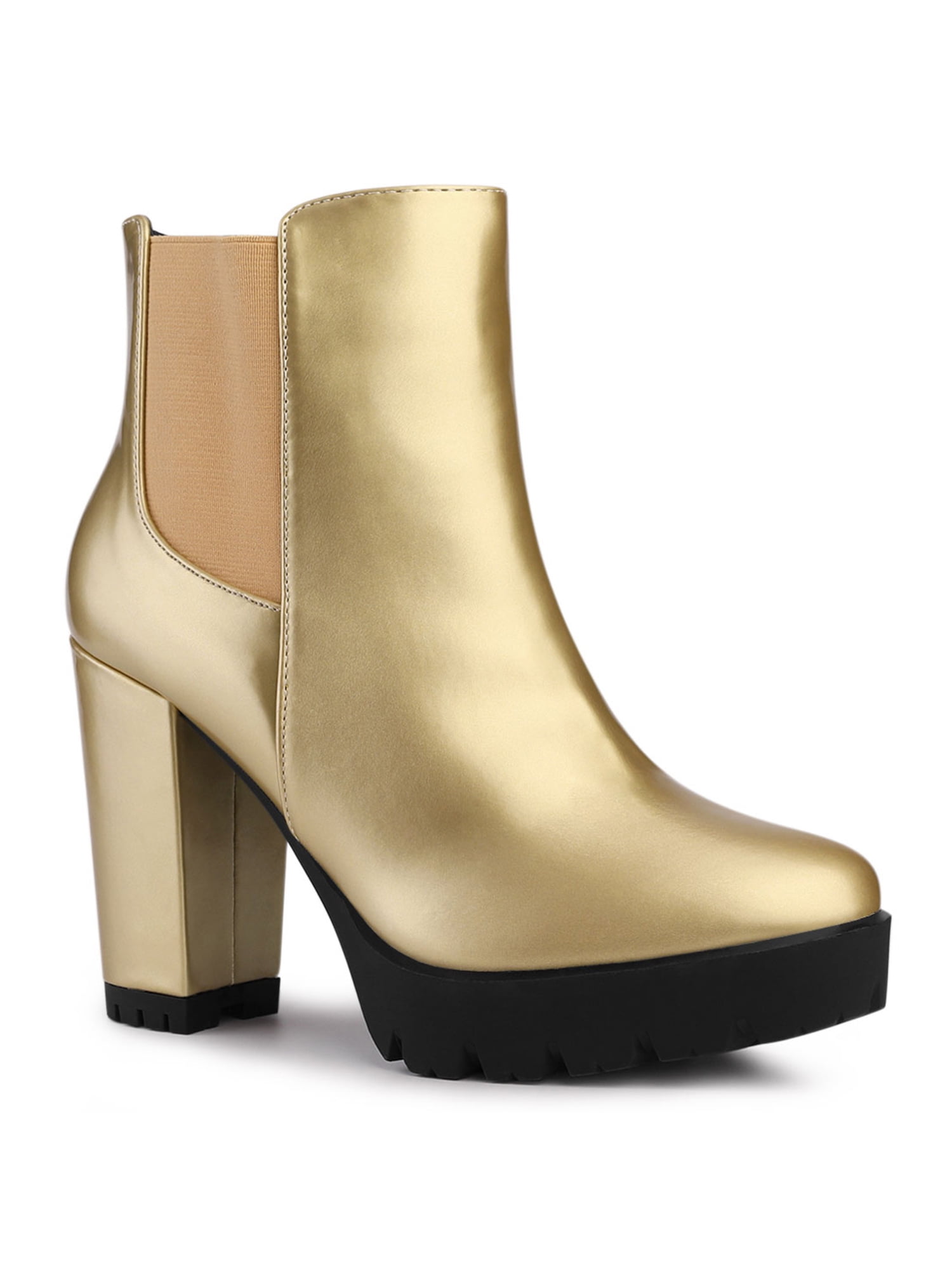 Womens Ladies Chunky Ankle High Block Heel Golden Zip Round Toe Black Suede Shoe