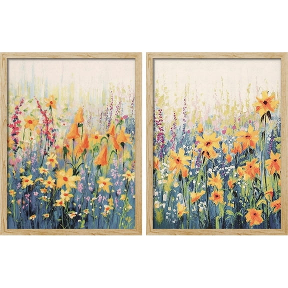 PixonSign Framed Wall Art Yellow Wildflowers Garden Floral Posters, Set of 2 Nature Pastel Botanical Field Illustrations Wall Decor, Adhesive Canvas Prints for Home Decor - 11"x14" Natural