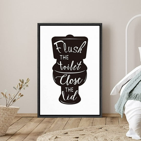 PixonSign Framed Canvas Print Wall Art Flush Toilet Phrase People Structure Typography Modern Art Decorative Elements Fun Black and White for Living Room, Bedroom, Office - 24"x36" Black