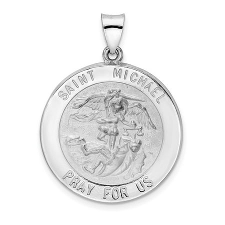 Auriga Fine Jewelry 14K White Gold Polished and Satin Hollow St Michael Medal Pendant (L- 33.28mm, W- 25.05mm)