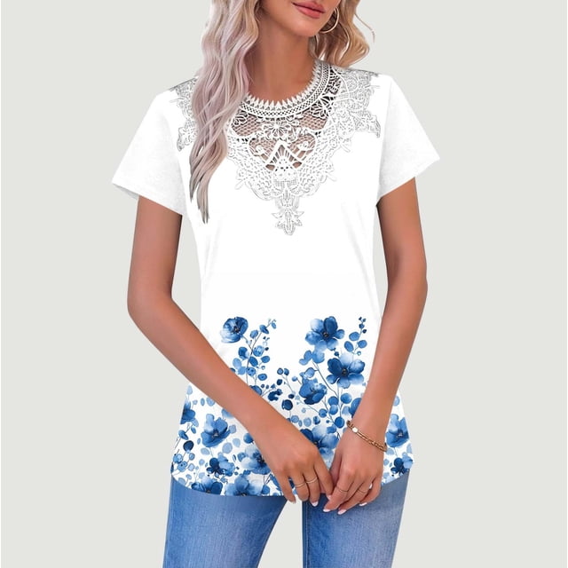 TaTaai Women‘s Everyday Floral Print Pullover, V Neck Short Sleeve Blouse with Sheer Mesh Accents, Relaxed Fit Casual Top for Spring Season Wear Gift