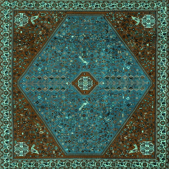 Ahgly Company Machine Washable Indoor Square Persian Turquoise Blue Traditional Area Rugs, 5' Square
