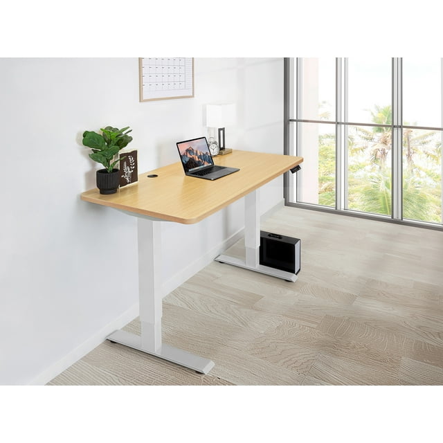 EFFYDESK Home Electric Height Adjustable Home Office Computer Standing Desk - (47"×29") Oak Wood on White Frame