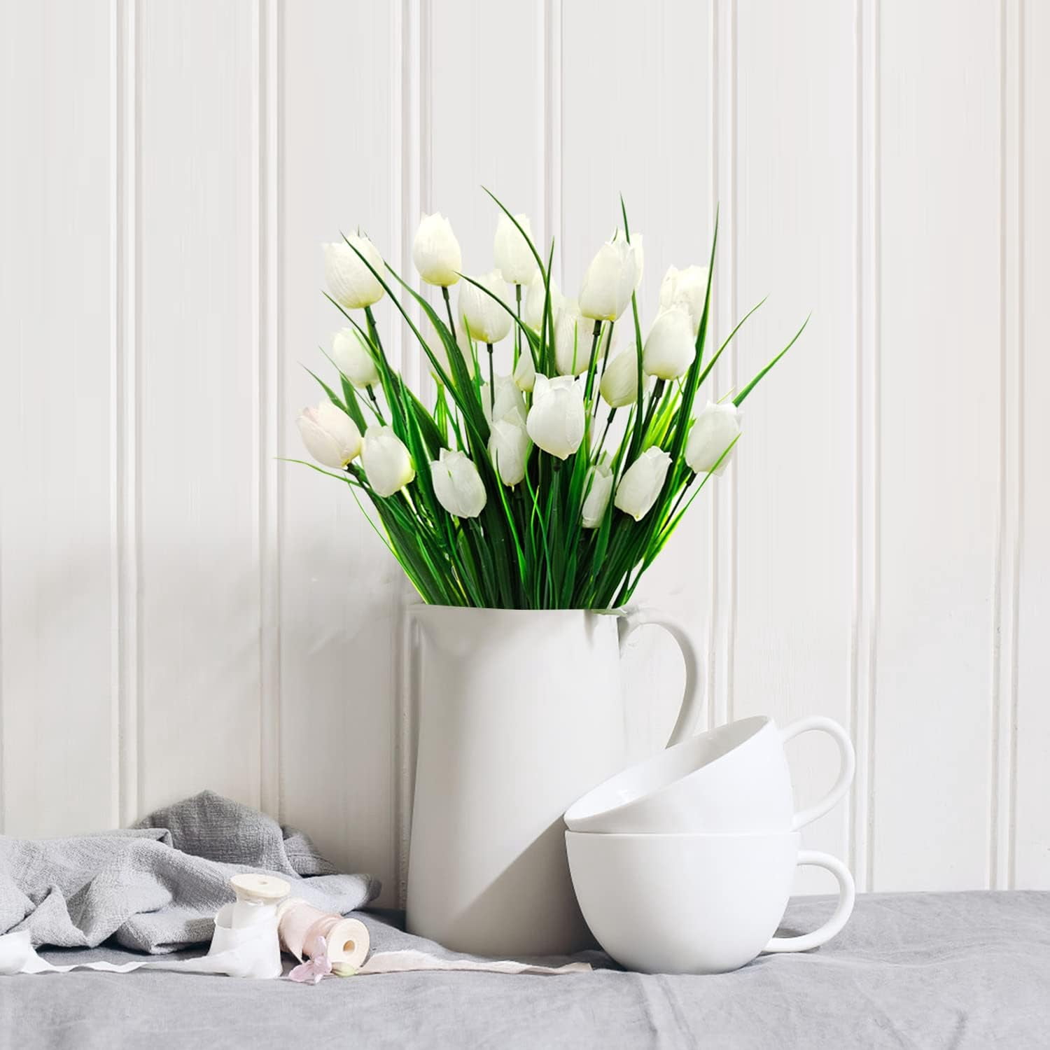 Morttic 8 Pcs Tulips Artificial Flowers for Outdoors, Fake Plants Faux Plastic Silk Floral Arrangement for Home Indoor Outside Table Vase Garden Spring Decor