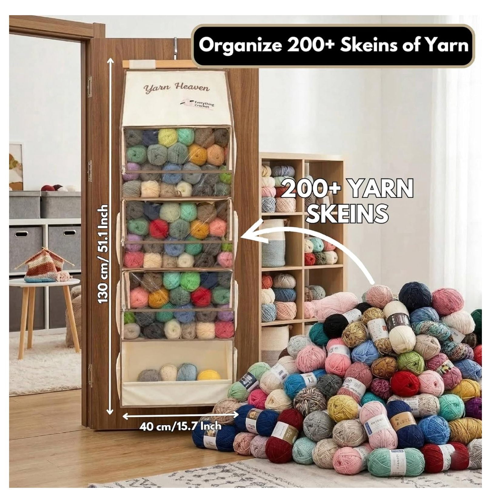 Yarn Heaven Storage Organizer – Over The Door & Closet Hanging Yarn Bag for Crochet & Knitting, Skein Holder Holds 200+ Skeins with Clear Pockets for Yarn Stash, & Needles