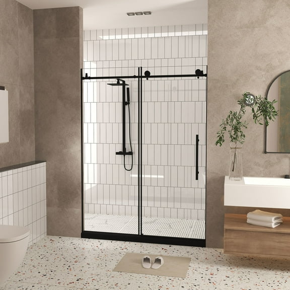 Noble House 60"x76" Frameless Sliding Shower Door, Tempered Glass with Stainless Steel Handle, Matte Black