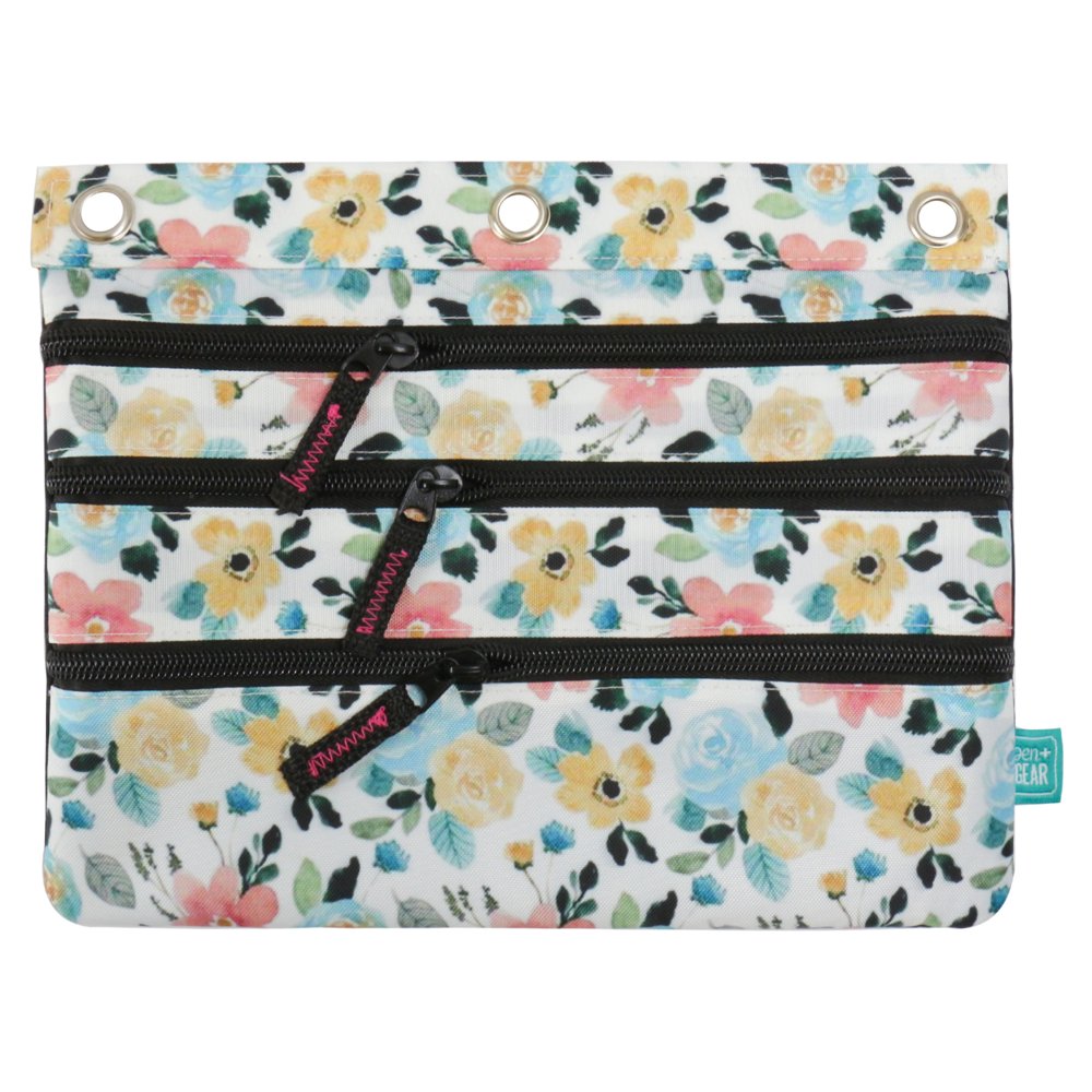 Pen+Gear 3 Zip Binder Pouch, Floral,Water Color,Pink and Blue,Zip