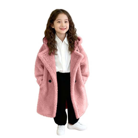 OGLCCG Girl's Faux Fur Long Jacket Lapel Open Front Fuzzy Fleece Cardigan Coat Thickened Warm Winter Button Fluffy Jacket with Pockets 5-14 Years