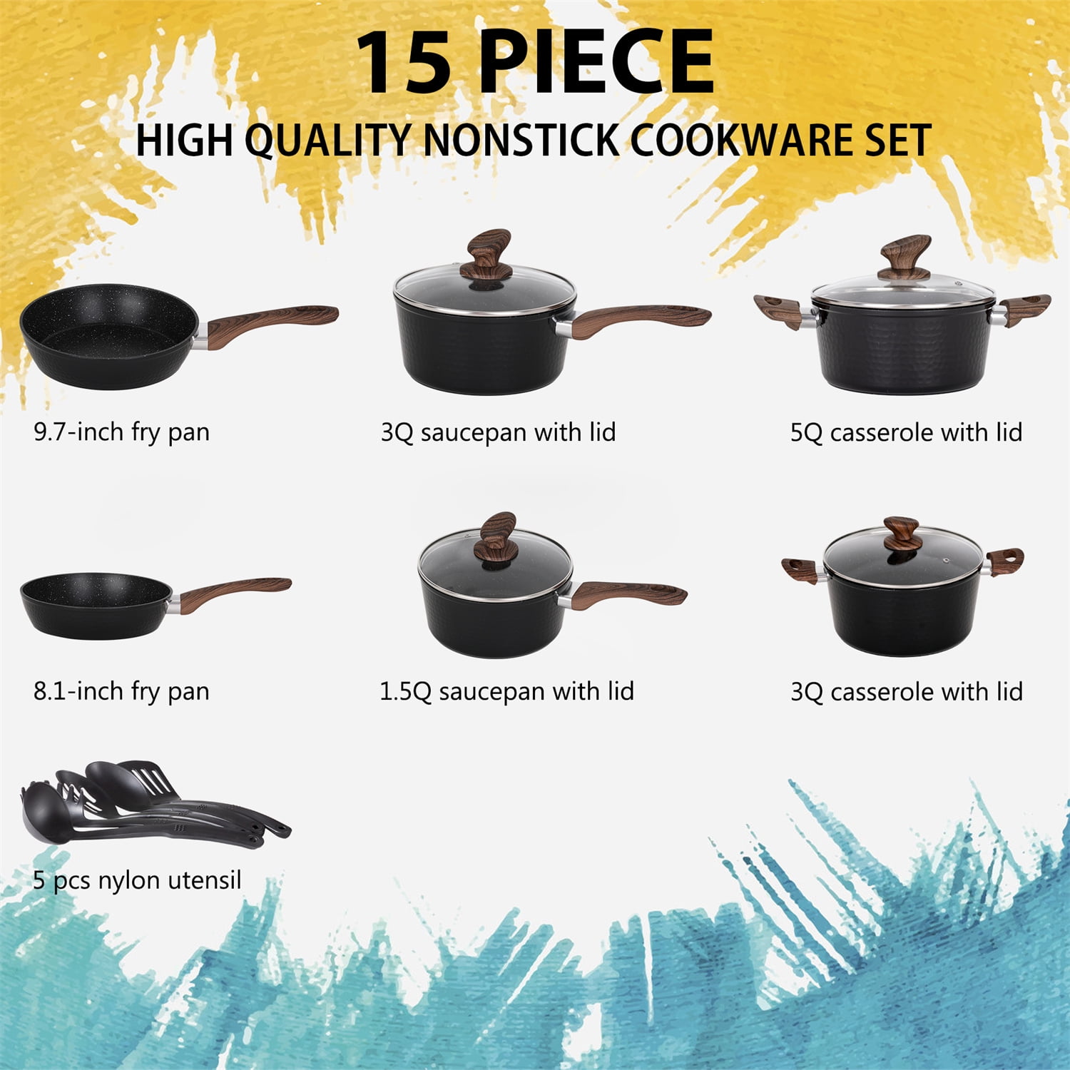 MF Studio 15 Pieces Cookware Set Granite Nonstick Pots and Pans Dishwasher Safe Black