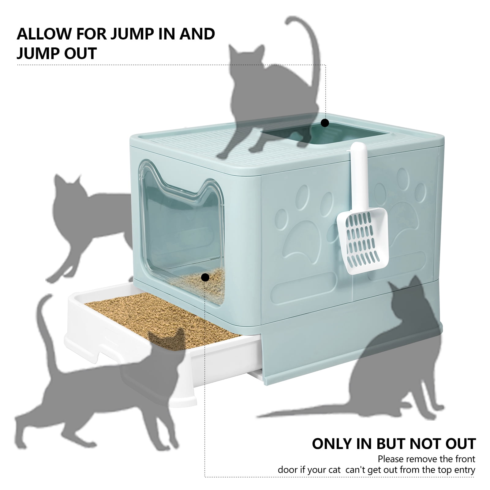 WiseWater Large Foldable Cat Litter Box with Lid, Top Entry Kitty Litter Box with Pet Plastic Scoop, Blue