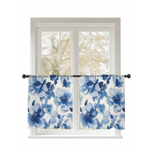 Spring Blue Flowers Sheer Curtains 2 Panels Set Retro Watercolor Floral Lihgt Filtering Rod Pocket Voile Drape, Semi Sheer Window Curtains for Bedroom Living Room, 52"x54"
