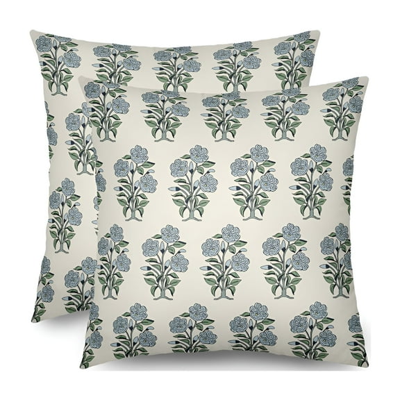 LAMIRO Blue Green Floral Block Print Pillow Covers 20x20 Set of 2 Chinoiserie Flower Leaves Outdoor Decorative Throw Pillows Farmhouse Pillowcases Linen Cushion Case Decor for Home Sofa Couch Bed
