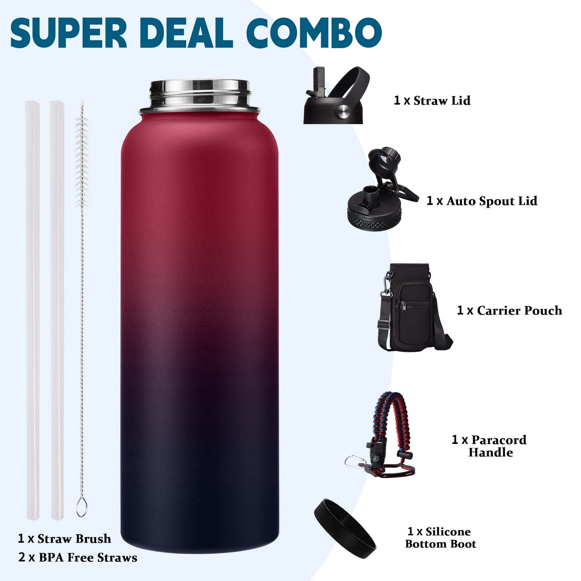 40oz Insulated Water Bottle with Straw & Spout Lid, Cold-48H Hot-24H, Stainless Steel Water Jug Sport Metal Flask w/ Paracord Handle,Carrier Bag,Boot