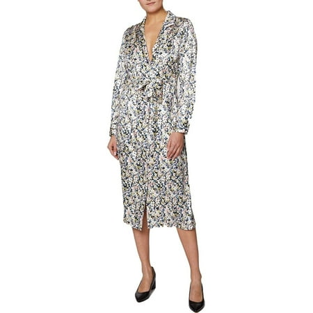 Laundry Collared Long Sleeve Button Down Tie Waist Floral Print Satin Dress-MULTI / 10
