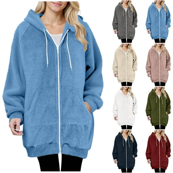 Women Oversized Sherpa Jacket Zip Up Fleece Long Jackets Fall Winter Warm Plush Hooded Coats Outerwear with Pockets