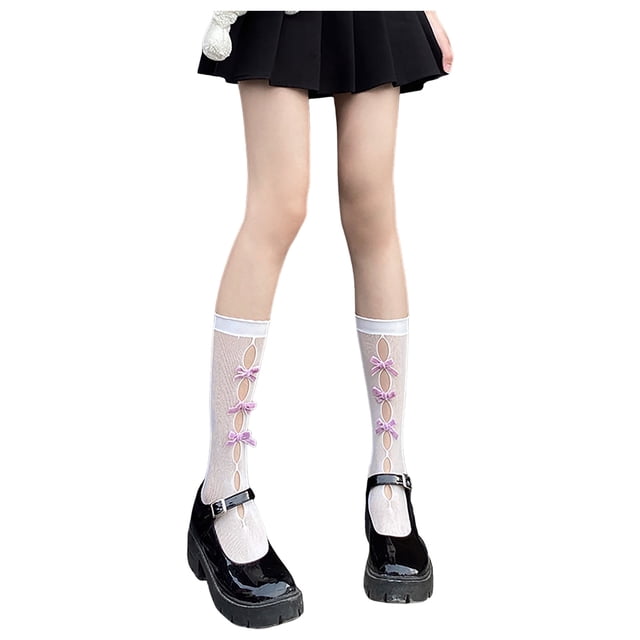 HBFAGFB Bas pour Femmes Mode Chaussettes Mi-Mollet Résille Fines avec Nœud Violet Clair Taille Unique
