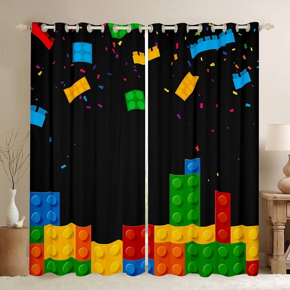 Manfei Kids Building Blocks Boy Black Out Curtains, Funny Construction Game Curtains Pack of 2 (42x63 Each), Colorful Bricks Bedroom Curtains
