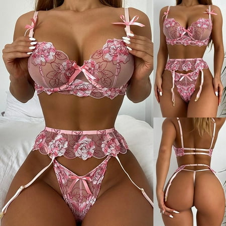 

Hanas Fashion Lingerie Women s Sexy Lace Flower Embroidery Underwear Sexy Three-piece Suit With Steel Ring Honeymoon