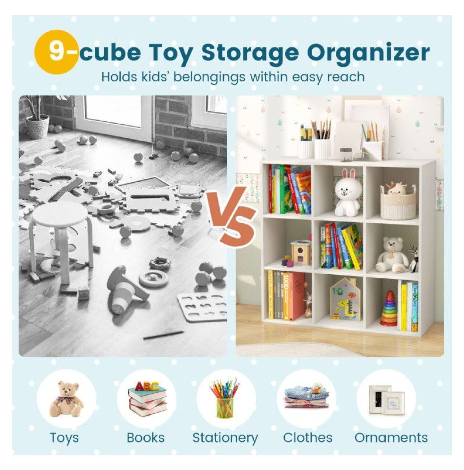 Kids Bookcase with Storage Cubbies, White 9-Cube Organizer, Anti-Toppling & Child-Friendly Design for Toys, Books, Clothes - Bedroom, Living Room, Kindergarten